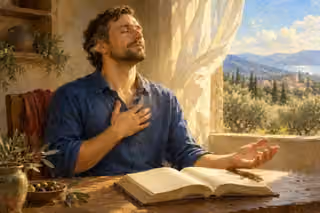A man in a blue shirt prays beside an open blank book, one hand over his heart and the other open, as sunlight moves an ivory curtain.
