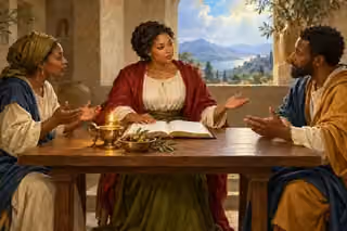 A thoughtful Black woman listens impartially to two neighbors at a table.