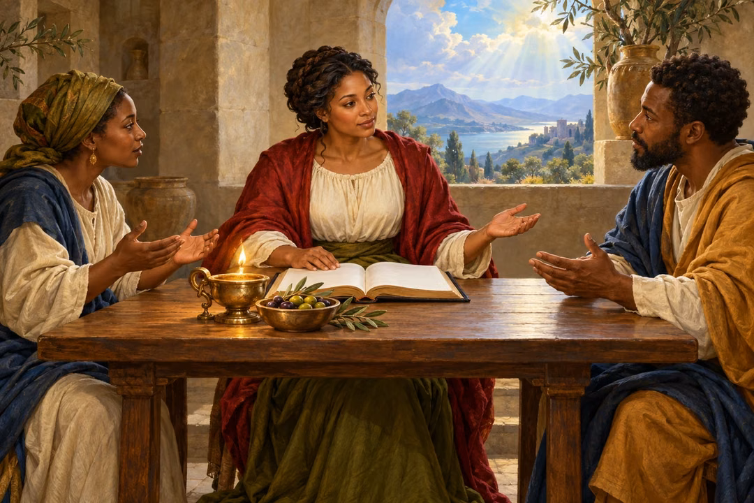 A thoughtful Black woman listens impartially to two neighbors at a table.
