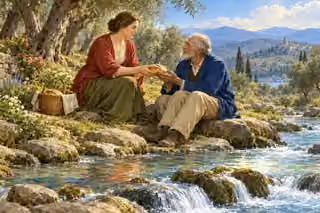 A woman offers bread to an elderly man beside a clear stream under gentle light.
