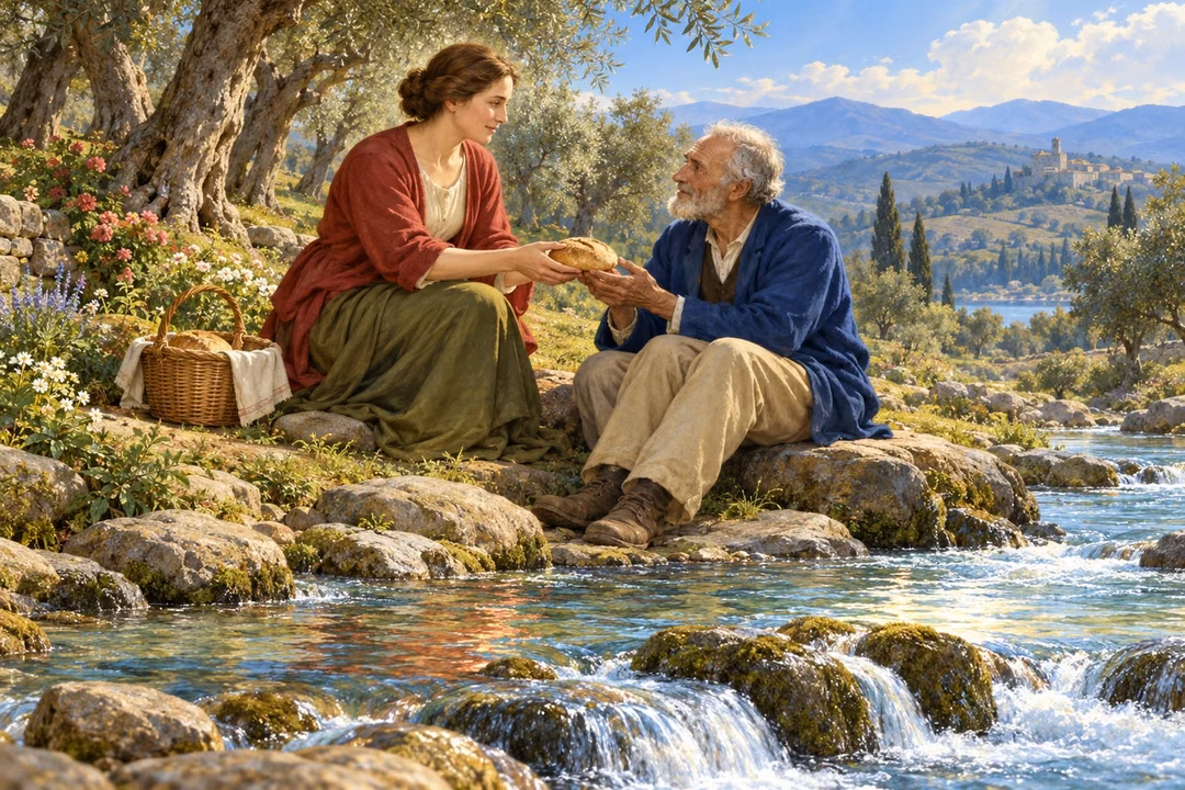 A woman offers bread to an elderly man beside a clear stream under gentle light.
