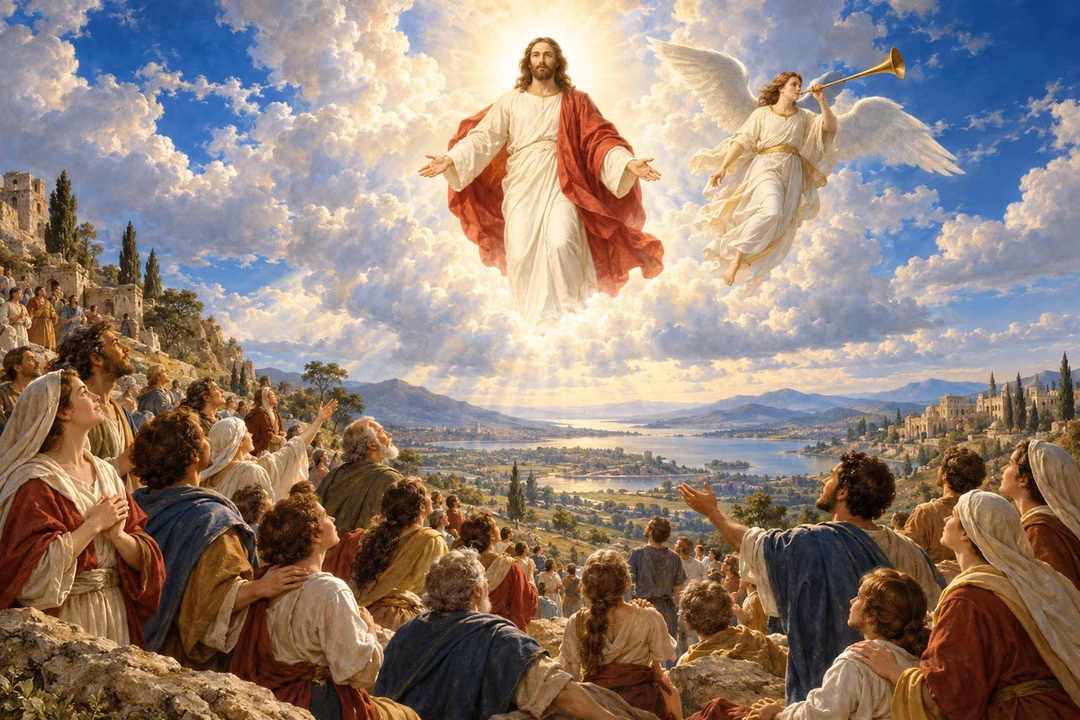 Christ appears in luminous clouds beside a trumpeting angel above a hopeful hillside gathering.