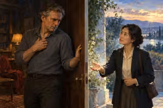 A troubled man pauses at a doorway while a woman outside offers an open hand in support.
