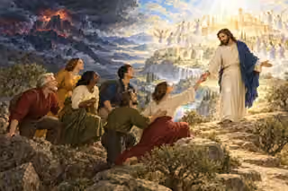 Reverent believers approach Christ and radiant Mount Zion while Sinai's distant storm recalls the call to holiness and accountability under grace.