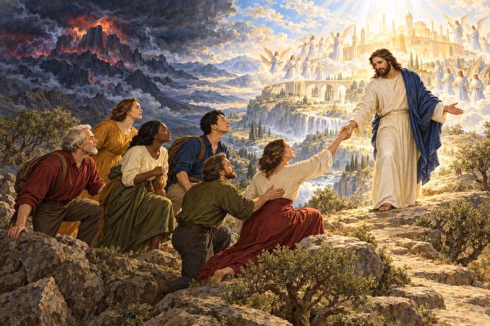 Reverent believers approach Christ and radiant Mount Zion while Sinai's distant storm recalls the call to holiness and accountability under grace.