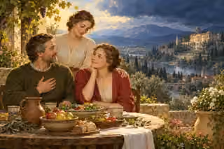 Three peaceful people in everyday clothes share a simple garden meal while a grand estate stands across a valley beneath dark clouds.
