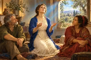 A woman prays with open hands as two companions sit beside her in warm pearl-blue light.