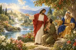 Jesus welcomes a repentant man into paradise while Abraham offers comfort.