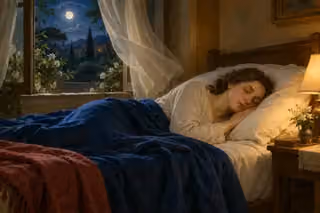 A peaceful sleeping woman rests in a softly lit room beneath a blue cover, with moonlight and warm lamplight suggesting constant divine care.