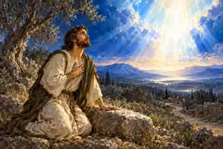 Jacob kneels beside a stone under an olive tree, one hand on his heart, looking in awe toward brilliant white light across a blue mountain sky.
