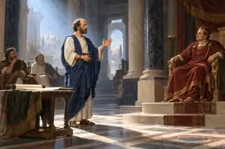 Paul speaks with measured conviction before King Agrippa in a solemn ancient audience hall.