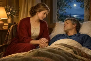 A woman keeps a loving vigil at her husband's bedside, gently holding his hand.