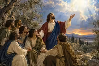 Jesus stands among closely gathered disciples in an olive grove, lifting an open hand toward radiant light in the sky while the disciples hold one another's hands.