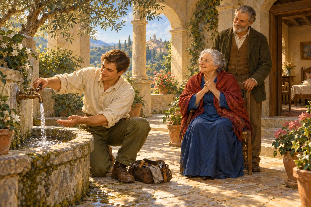 A humble maintenance worker restores a courtyard tap while two elderly guests watch with gratitude.