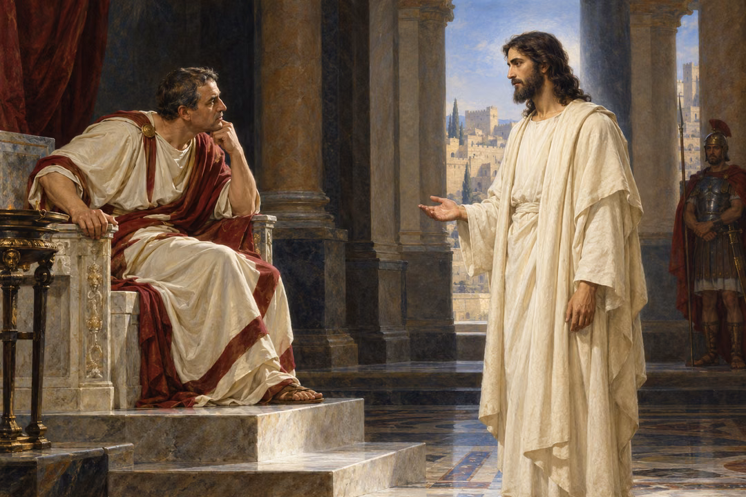 Jesus calmly answers Pontius Pilate in a Roman audience hall while a distant guard stands with his weapon sheathed.