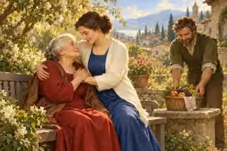A woman reassures an elderly neighbor with a warm embrace while another neighbor brings fresh fruit.