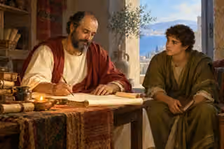 Paul writes a letter while Timothy listens in a quiet Mediterranean room.