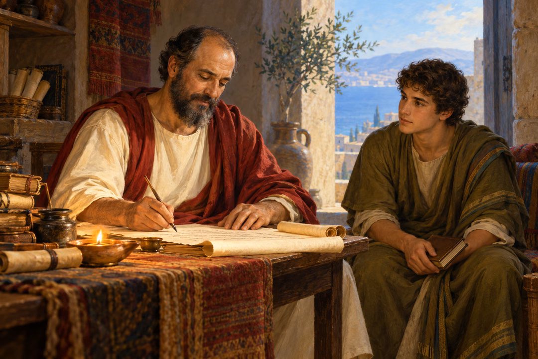 Paul writes a letter while Timothy listens in a quiet Mediterranean room.