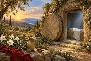 Dawn illuminates an empty garden tomb, folded linens, lilies and olive branches.