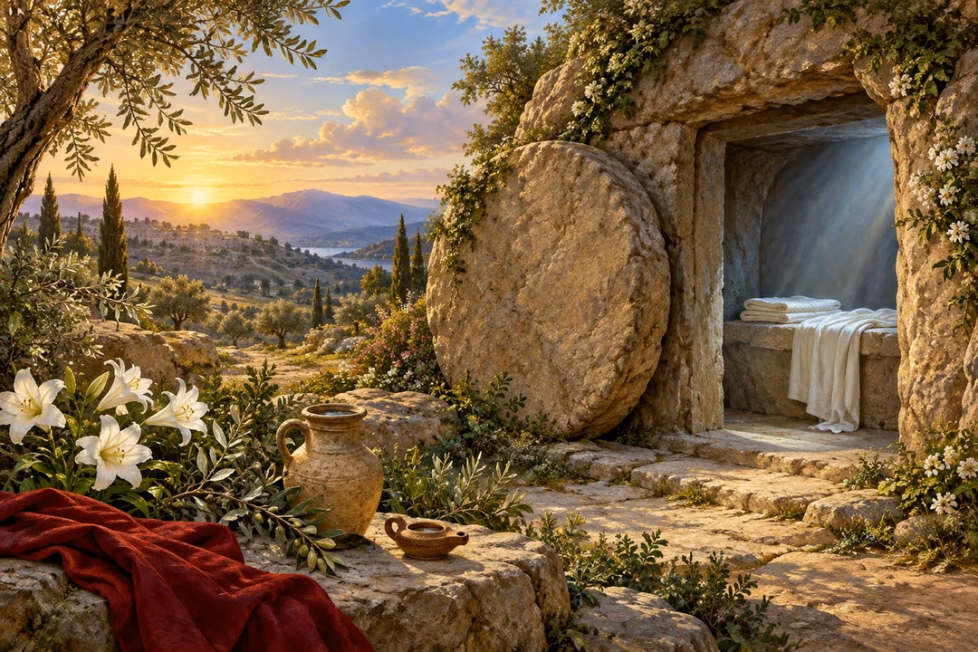 Dawn illuminates an empty garden tomb, folded linens, lilies and olive branches.