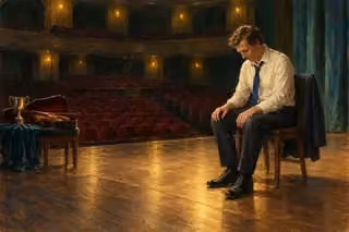 A musician sits with bowed head in an empty concert hall, while his violin and a trophy rest on a separate stool.