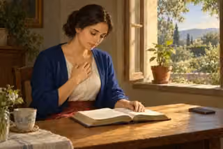 A contemporary woman in blue, ivory and crimson reads an open devotional book with one hand over her heart beside a sunlit window, a potted sapling and a resting phone.