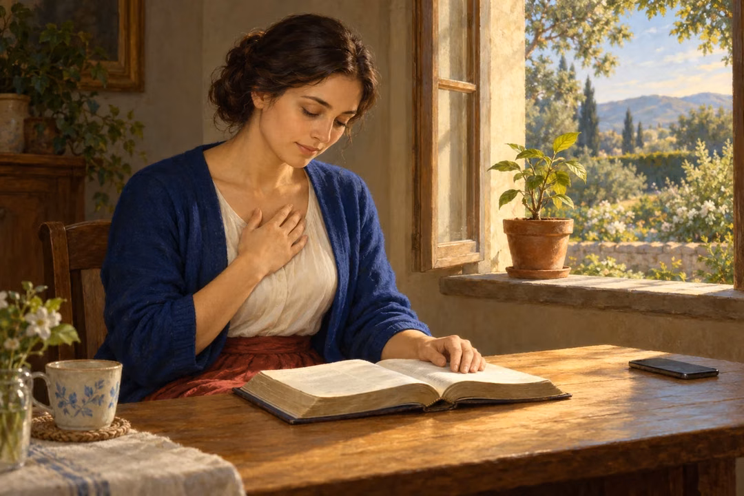 A contemporary woman in blue, ivory and crimson reads an open devotional book with one hand over her heart beside a sunlit window, a potted sapling and a resting phone.