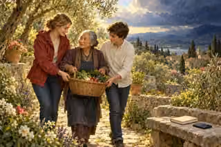 A young woman and a teenage boy help an elderly neighbor carry vegetables through a bright garden, with a blank book and phone set aside on a bench.