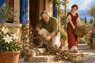 An older man prunes thorny vines from a blue-shuttered home's doorway while a woman collects the cut branches beside blooming lilies.