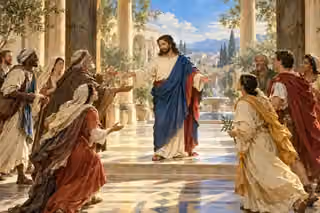 Christ welcomes a gathering through open doors into a radiant courtyard.