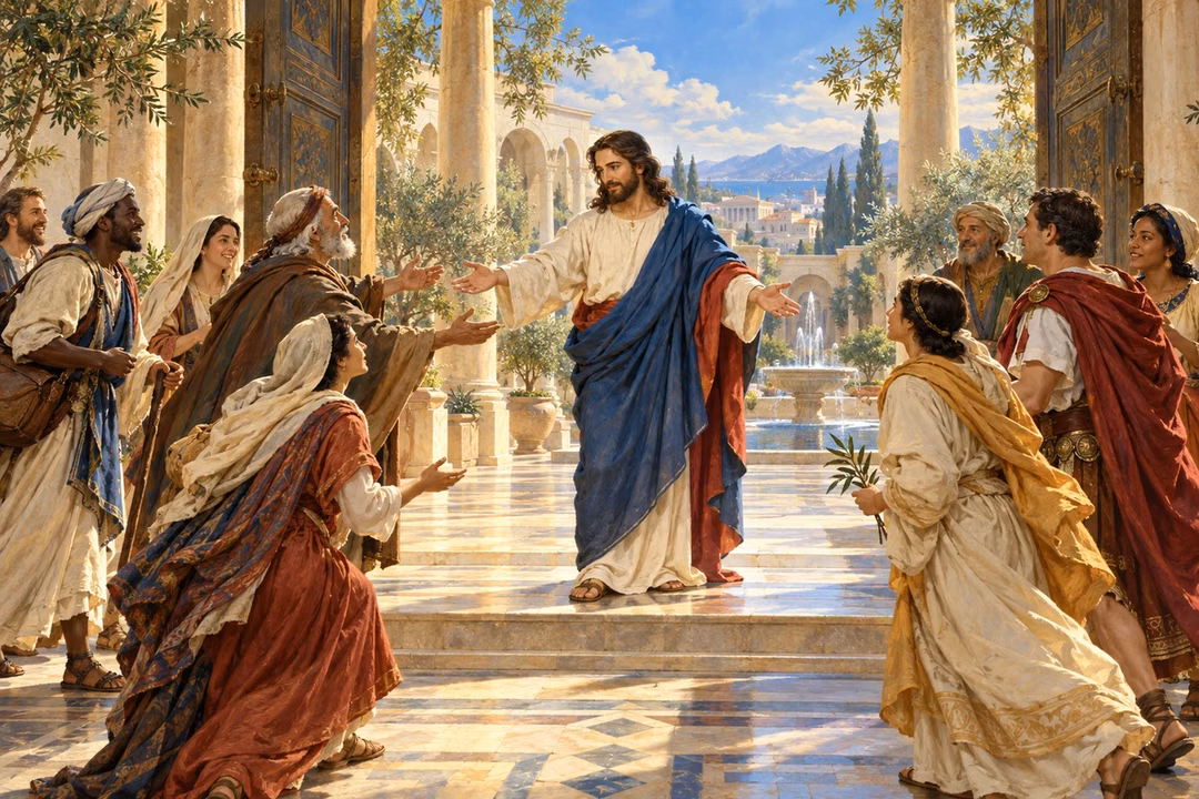 Christ welcomes a gathering through open doors into a radiant courtyard.