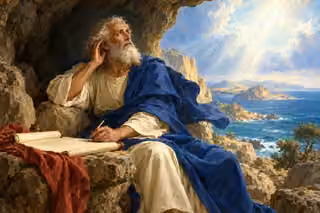 The elderly apostle John pauses with a reed pen over a blank scroll, raising his hand beside his ear as light enters his cave above a blue sea.
