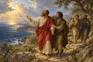 Paul and fellow travelers support one another on a coastal path as storm clouds clear.