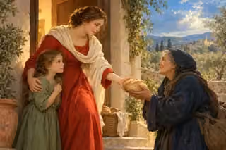 A woman welcomes a weary stranger with bread as a frightened child relaxes beside her.