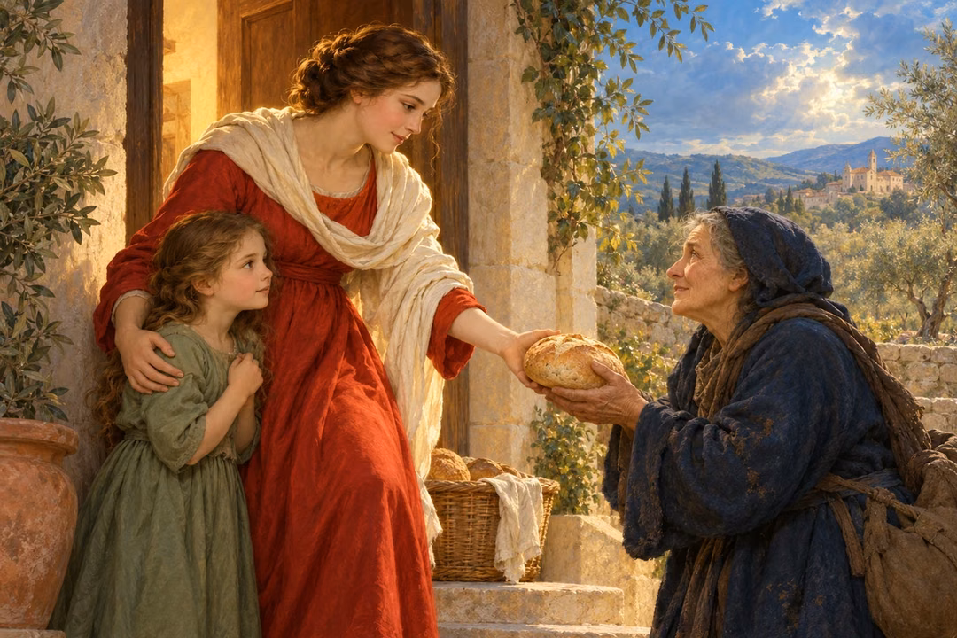 A woman welcomes a weary stranger with bread as a frightened child relaxes beside her.