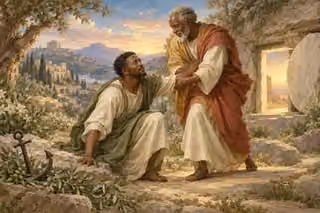 An elderly believer helps a forgiven man rise from prayer near an empty tomb, with an anchor and olive branches in the foreground.