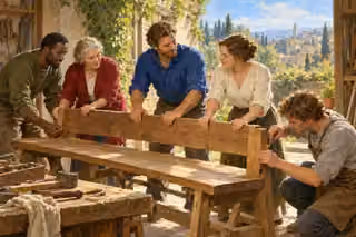 Five adults cooperate to repair a long wooden bench in a sunny workshop, carefully steadying and joining its backrest.