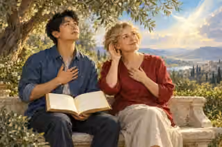 A young man holds an open blank book on a garden bench while a woman cups a hand to her ear; both look toward bright sky with hands over their hearts.
