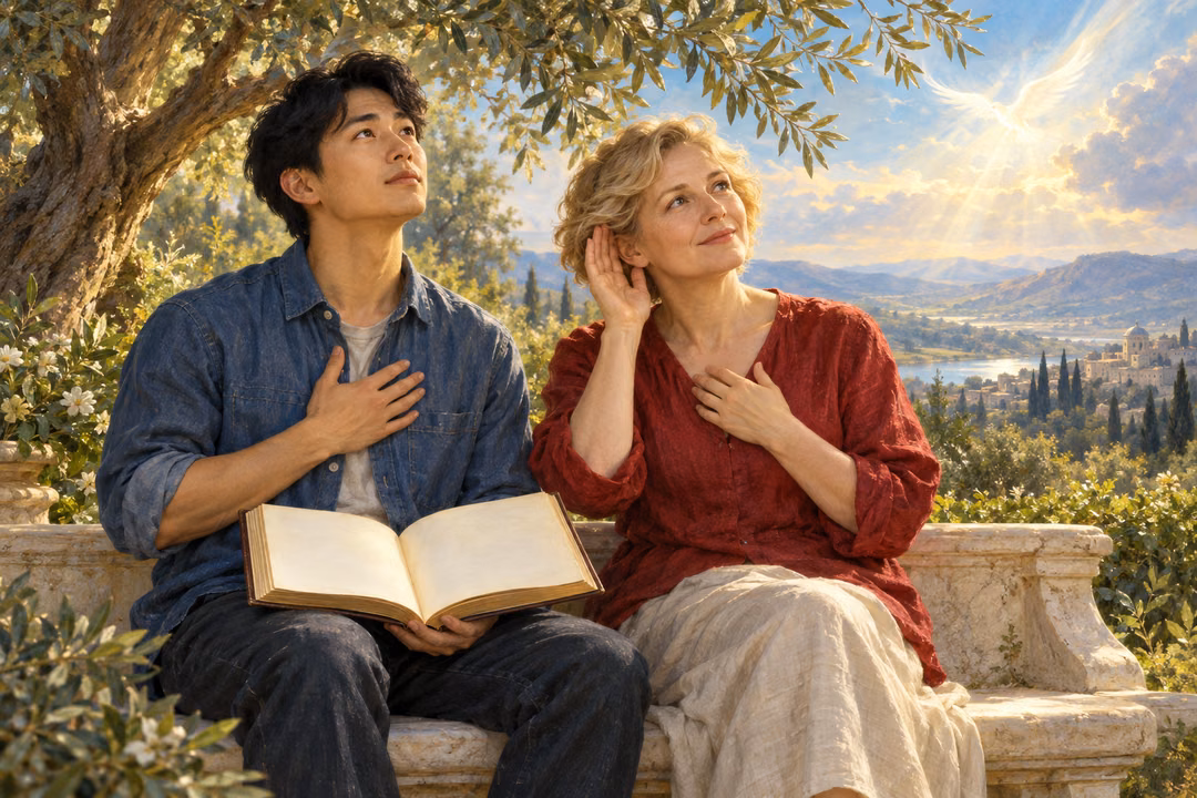 A young man holds an open blank book on a garden bench while a woman cups a hand to her ear; both look toward bright sky with hands over their hearts.