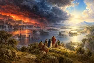 Travelers look toward a radiant dawn beyond a vast storm-dark landscape.