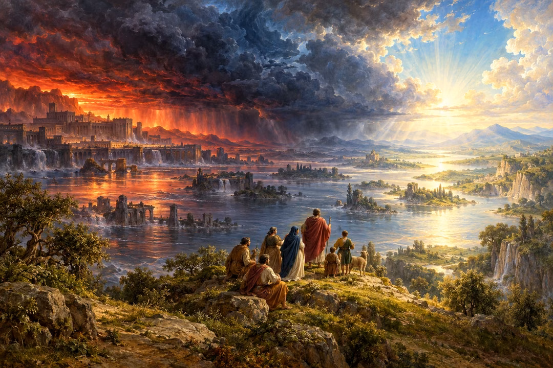 Travelers look toward a radiant dawn beyond a vast storm-dark landscape.