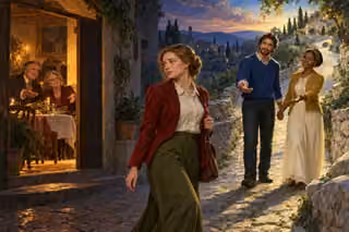 Oil painting of a tearful woman in a crimson jacket looking back at relatives beckoning from a warmly lit doorway, while two friends welcome her along a brighter uphill stone lane at twilight.