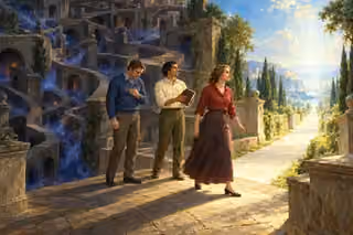 Three adults turn from a shadowed winding maze toward a straight path filled with light, choosing humility and guidance.
