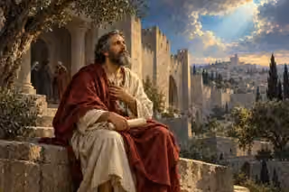 Jeremiah holds a scroll beside Jerusalem’s gate and looks toward light breaking through the clouds.