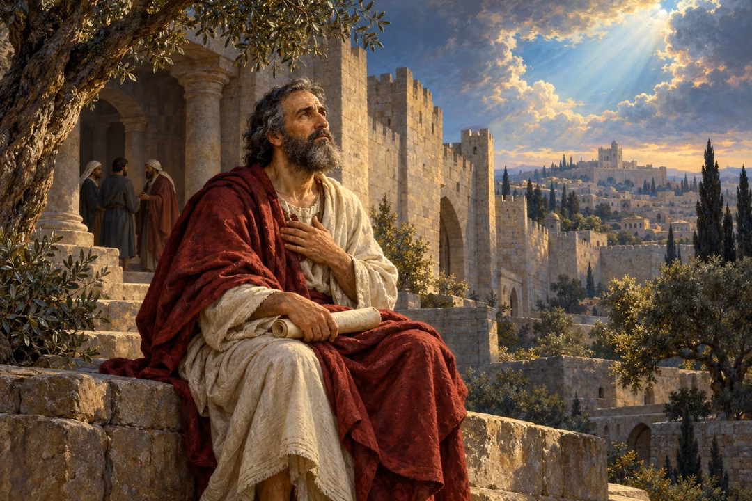 Jeremiah holds a scroll beside Jerusalem’s gate and looks toward light breaking through the clouds.