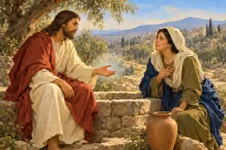 Jesus speaks of living water to the Samaritan woman, who turns from her empty jar with dawning hope.