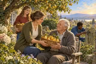 A woman offers a basket of pears to an elderly neighbor beneath a fruit tree while a girl carries another basket and a man repairs the garden gate.