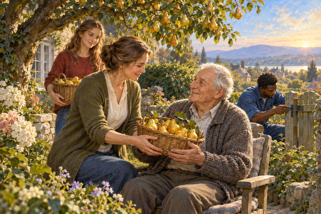 A woman offers a basket of pears to an elderly neighbor beneath a fruit tree while a girl carries another basket and a man repairs the garden gate.