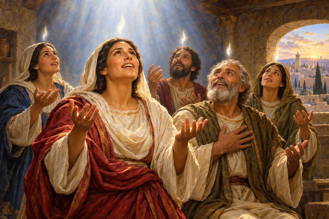 Five people in ancient clothing lift their faces and open hands joyfully beneath luminous tongues of light in a Jerusalem upper room.