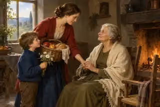 A woman and child bring food, flowers, and companionship to an elderly widow.